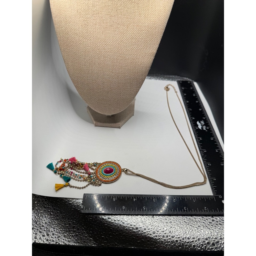 Boho Long Tassel Pendant Necklace Gold Tone Multi Color Beaded Statement Jewelry - Picture 5 of 5